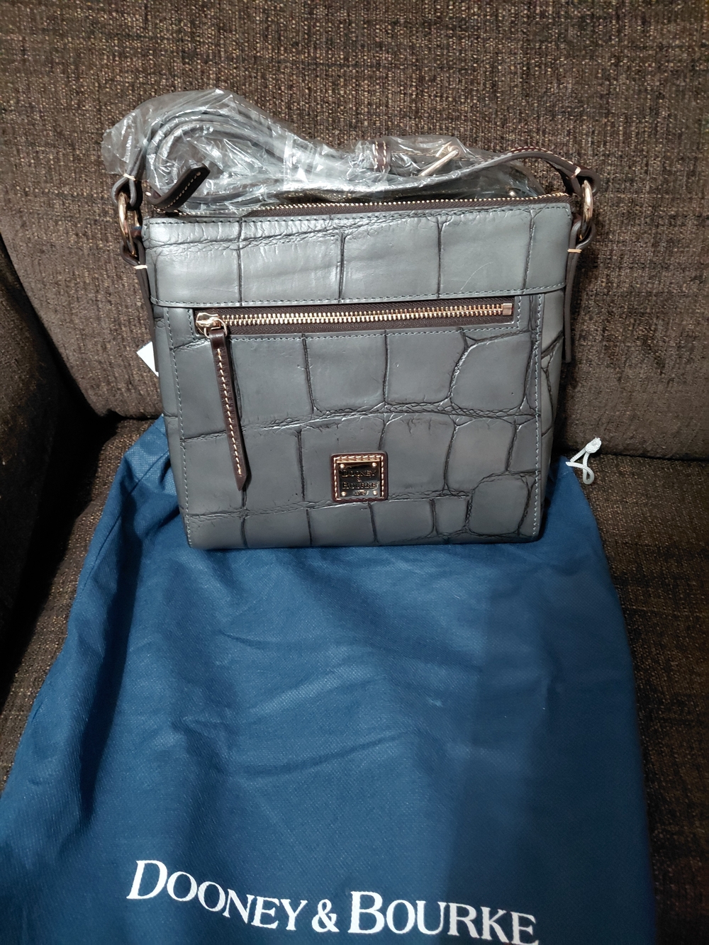 Dooney & Bourke Gray Croc-Embossed Crossbody with Gold-Tone Hardware